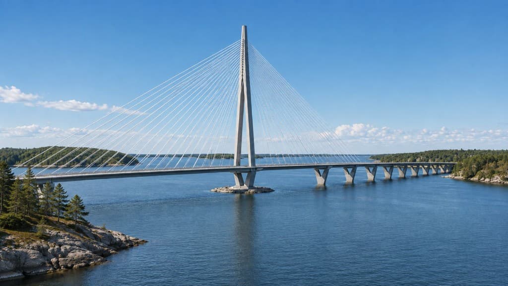 A cable-stayed bridge spanning open water between two shores